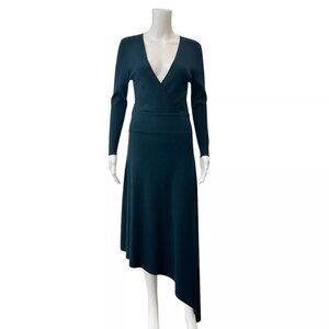 $650 ALC Green Knit Asymmetric V-Neck Midi Stretch Long Sleeve Dress size M NWT